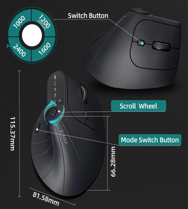 JOMAA Ergonomic 2.4G Wireless & Bluetooth Dual Mode Mouse – Silent Vertical Gaming Mouse for Right-Handed Users