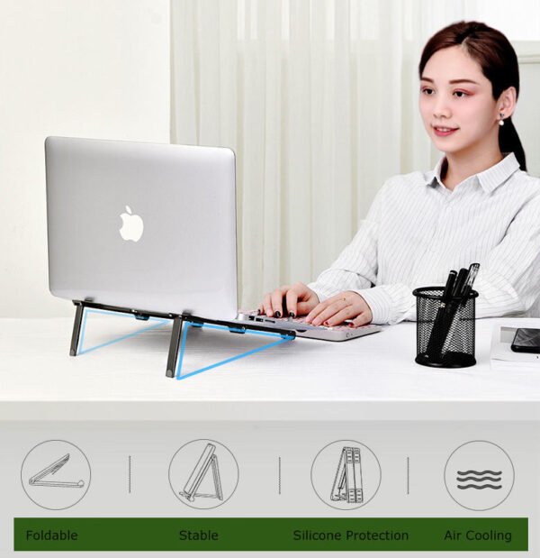 H3abbb47fa0a348b68781df4b8e13c4ecu.jpg Small Foldable Aluminum Laptop & Tablet Stand – Portable Metal Notebook and Mobile Holder for MacBook, iPad, and Smartphones