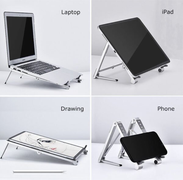 H7b220940fc614efcac0f830d0eba03baU.jpg Small Foldable Aluminum Laptop & Tablet Stand – Portable Metal Notebook and Mobile Holder for MacBook, iPad, and Smartphones