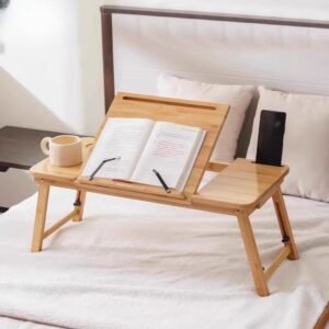 Modern Portable Bamboo Laptop Desk – Adjustable Height & Angle Foldable Tray with Storage Drawer, Tablet Slot & Metal Stand